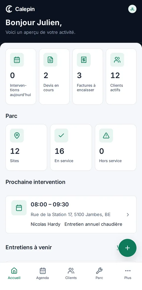 Accueil de Calepin sur téléphone : interventions du jour, devis en cours, factures à encaisser, état du parc et prochaine intervention.
